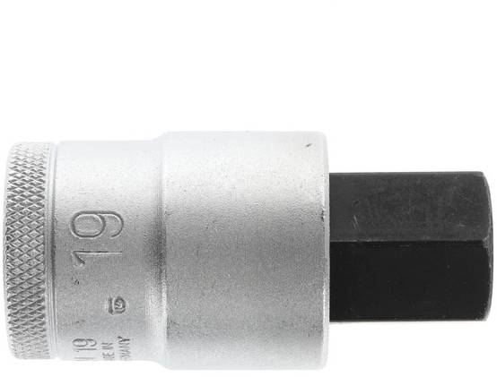 Een zilveren steeksleutelinzetstuk met een zwarte zeskantopening. Geschikt voor schroeven en moeren.