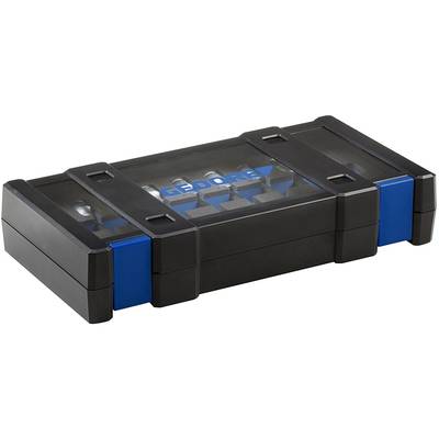 Zwart gereedschapskoffertje met transparante deksel, blauwe accenten en het merknaam 'GEDORE' duidelijk zichtbaar bovenop.