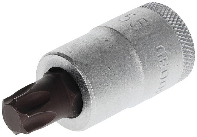 Torx-bitopzetstuk met een zilveren metalen behuizing en bruine punt, genummerd '55', toont de vooraanzicht van een bevestigingsgereedschap.