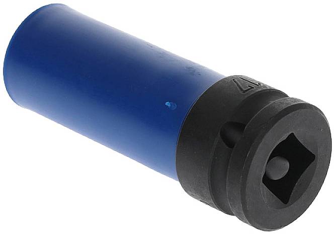 Een blauwe adapter met een zwarte aansluiting, gebruikt voor mechanische verbindingen of bevestigingen.