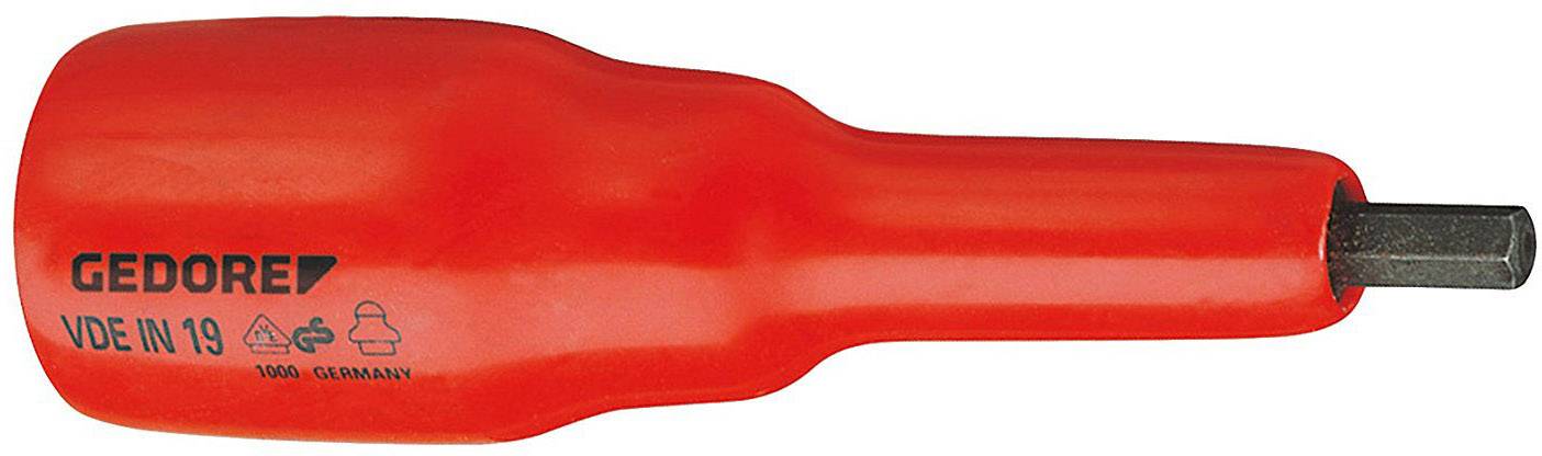 Een oranje schroevendraaierhandvat met de opdruk 'GEDORE VDE IN 19', gefabriceerd in Duitsland, toont een zeshoekig uiteinde.