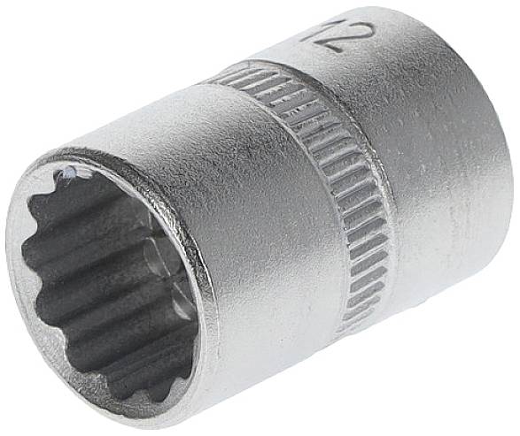 Metalen dopsleutel met gegolfd handvat, genummerd met '12'. Geschikt voor moersleutels en ratelsleutels om moeren los te draaien.