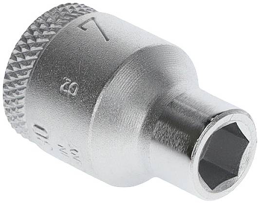 Metalen dopsleutelopzetstuk, met ribbelrand, maat '7' ingeslagen.