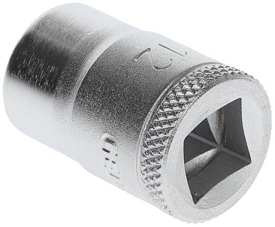 Zilveren moer met geribbelde rand en vierkante opening. Gemarkeerd met het getal '12'. Gereedschap te gebruiken met een moersleutel.