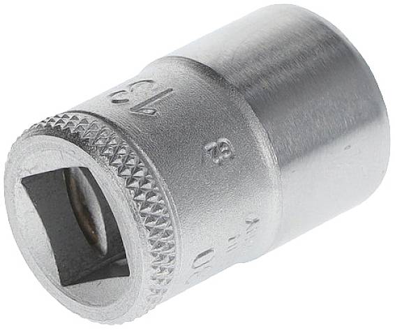 Metalen moer met gekartelde rand, vierkant binnenprofiel en ingeslagen maataanduiding. Gereedschap voor schroefwerkzaamheden.