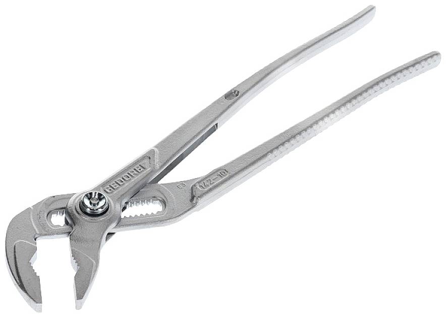 Een grijze waterpomptang met gegolfd handvat en verstelbare bek. Geschikt voor het vastgrijpen en vasthouden van objecten.