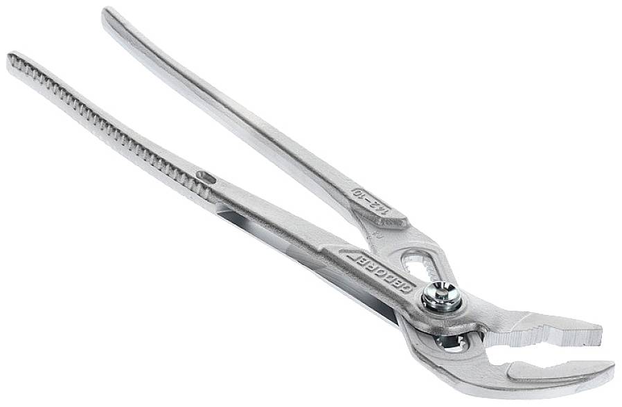 Zilveren waterpomptang met verstelbare grijpbreedte. Geschikt voor het grijpen en draaien van buizen of andere ronde voorwerpen.