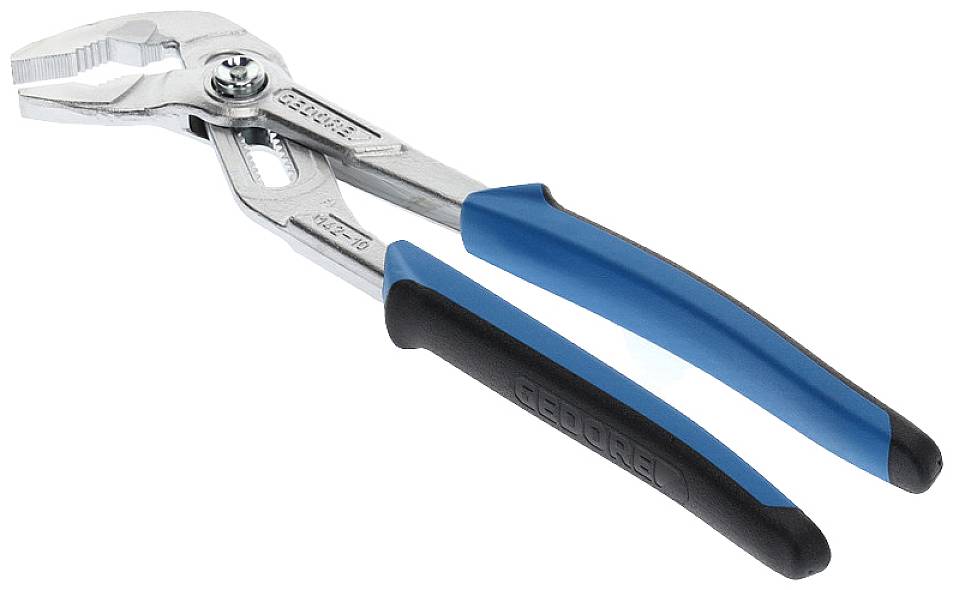Een blauwe metalen waterpomptang met antislipgrepen ligt op een witte achtergrond. Gereedschap voor het aanpassen van grijpbreedtes.