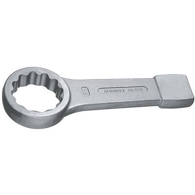 Een zilveren ringsleutel met een ronde, getande opening en een platte greep. Geschikt voor het losdraaien of vastdraaien van moeren.