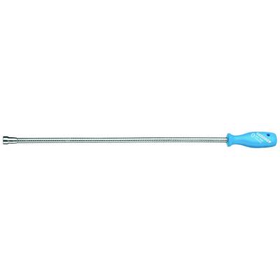 Een lang, flexibel gereedschap met een blauwe handgreep en een zilverachtige, buigzame steel, gebruikt voor moeilijk bereikbare plaatsen.