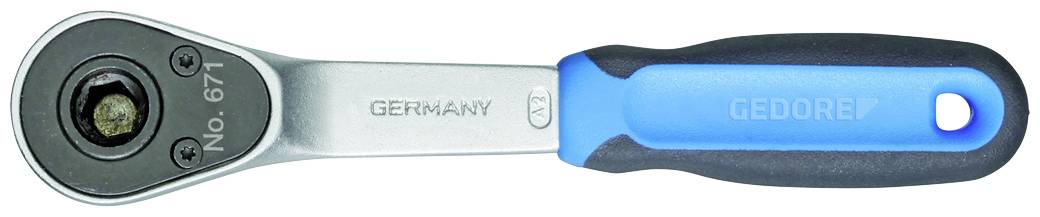 Een blauwe en zwarte ratelsteeksleutel met de opschriften 'GERMANY' en 'GEDORE', geschikt voor mechanische werkzaamheden.