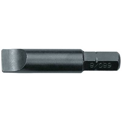 Een zwarte, metalen sleufschroevendraaierinzet met een afgeschuinde punt en een zeshoekige basis, gemarkeerd met '8'.