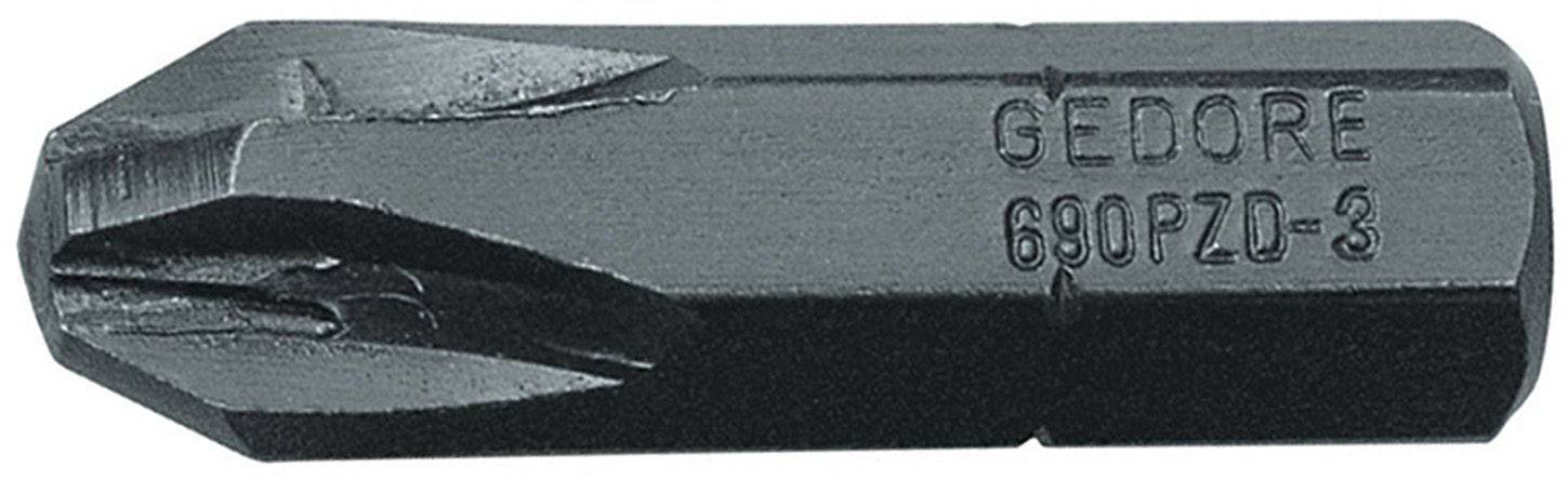 Bitsinzet met opschrift 'GEDORE 690PZD-3', gebruikt voor schroevendraaiers, toont platte punt en zeshoekige basis.