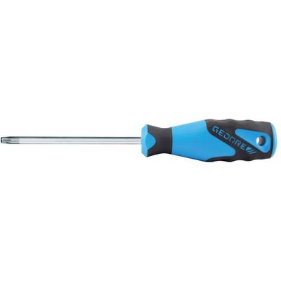 Een blauwe en zwarte schroevendraaier op een witte achtergrond, met een ergonomische handgreep en een stervormige kop.
