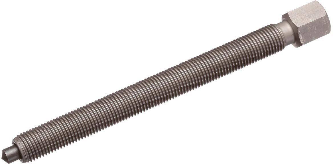 Een metalen schroefspindel met een geribbelde cilindrische behuizing en zeskante kop. Gebruikt voor nauwkeurige positionering of bevestiging.