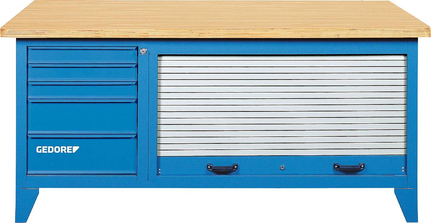 Blauwe werktafel met houten werkblad, links vier laden en rechts een schuifslot.