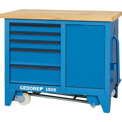 Blauwe gereedschapswagen met vijf laden en een kastdeur, houten bekleding aan de bovenkant, op wielen. Opschrift: 'GEDORE 1505'.