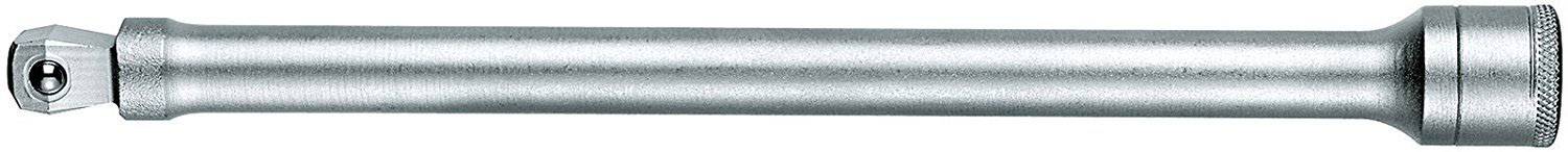 Een zilvergrijze metalen verlengstang voor steeksleutels, met een vierkante verbindingsaansluiting aan het uiteinde.