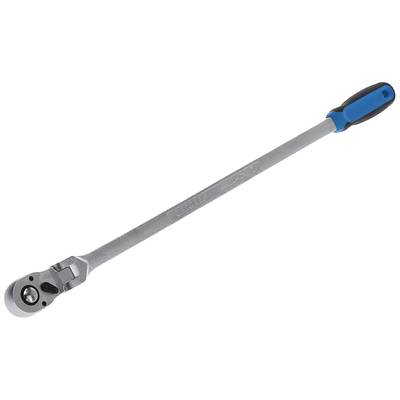 Ratelsleutel met lange steel en blauw-zwarte handgreep, geschikt voor moeilijk bereikbare plaatsen en hardnekkige bouten.