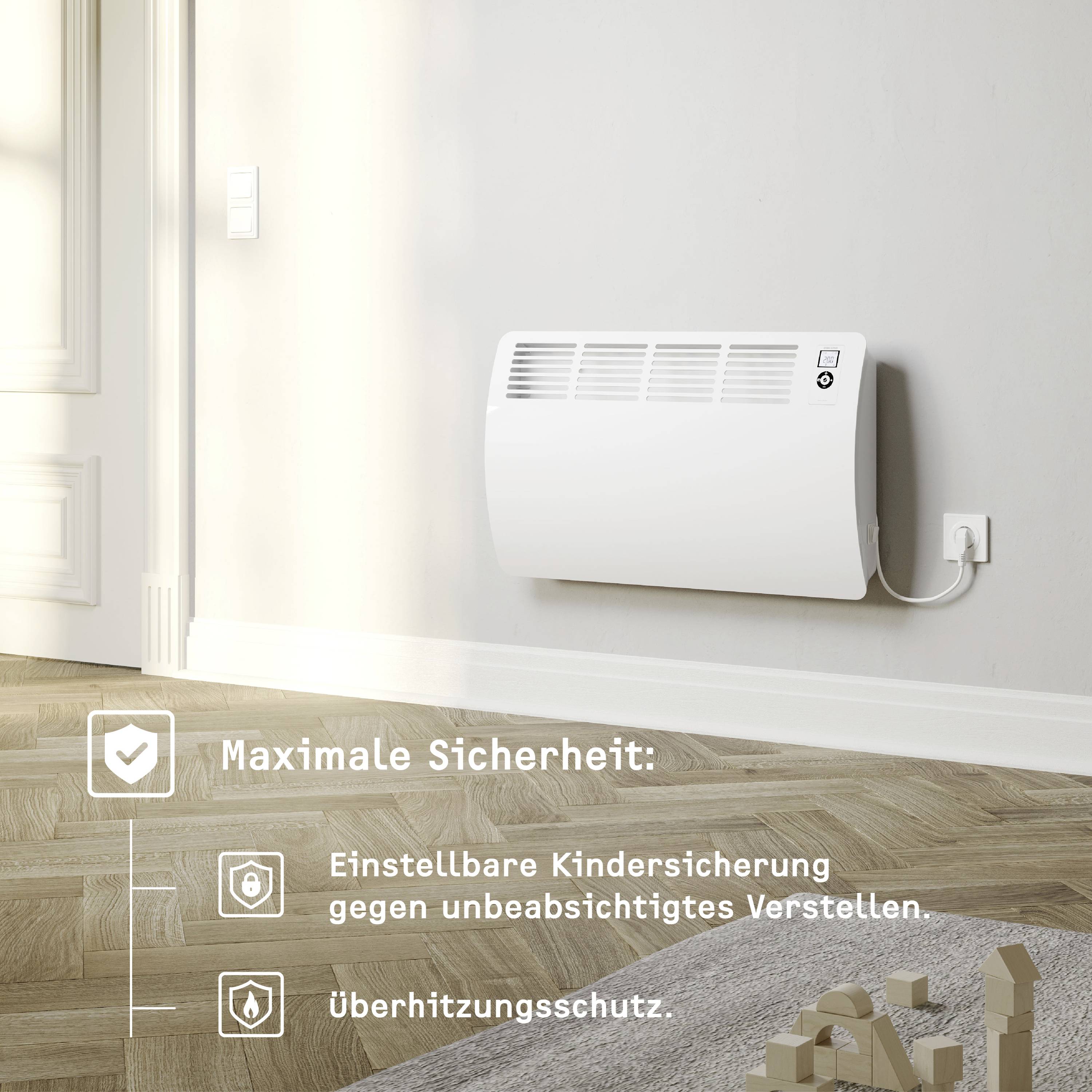 Een witte radiator aan de muur van een lichte ruimte. Tekst eronder zegt: 'Maximale veiligheid' en beschrijft kinderbeveiliging.