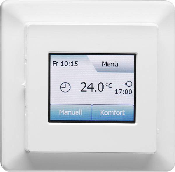 Een thermostaat toont 24,0°C. Hij staat in de 'Comfort'-modus. De tijd is 10:15 uur, en hij is geprogrammeerd op 17:00 uur.
