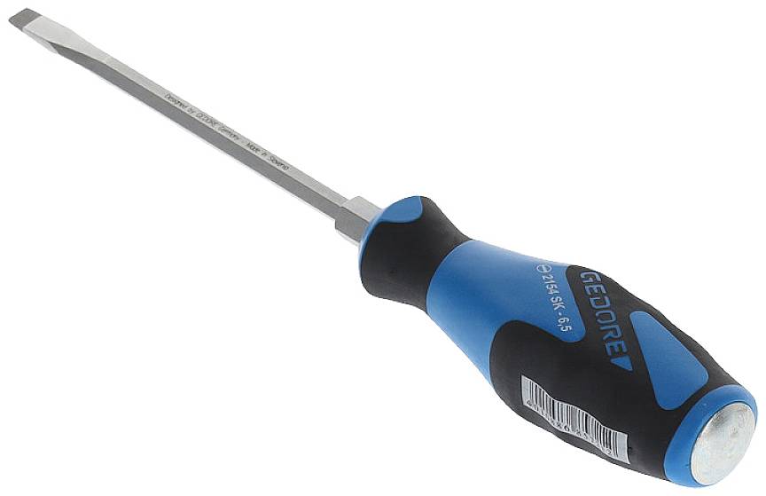 Een schroevendraaier met een blauw-zwarte handgreep en een platte metalen kling, geschikt voor het losdraaien of vastdraaien van schroeven met sleufkop.