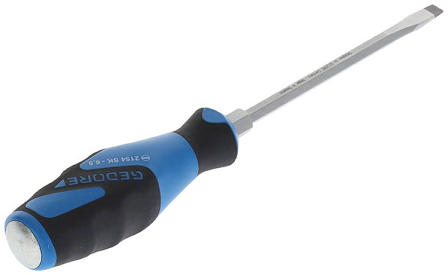 Platte schroevendraaier met een blauw-zwarte handgreep, liggend op zijn zij. Voornamelijk gebruikt voor eenvoudige reparatiewerkzaamheden.