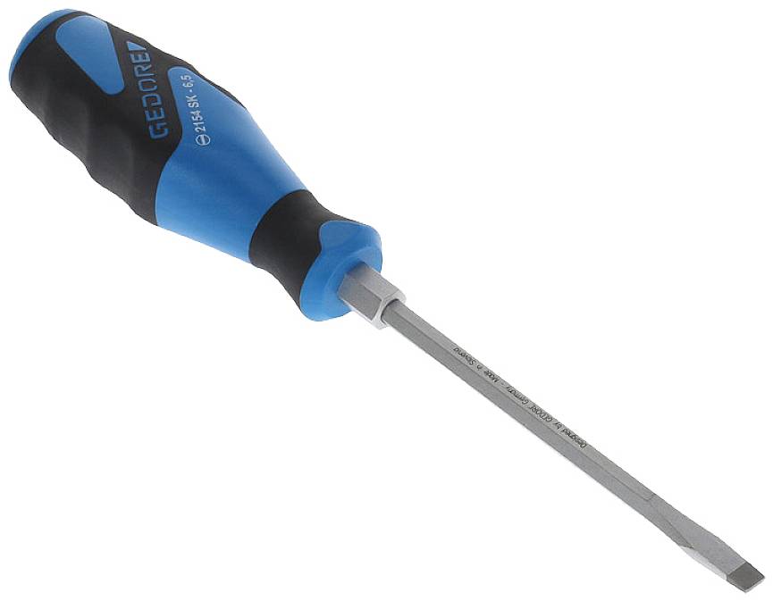 Een blauwe schroevendraaier met een zwarte handgreep en een platte punt, ideaal voor het vast- of losdraaien van platte schroeven.