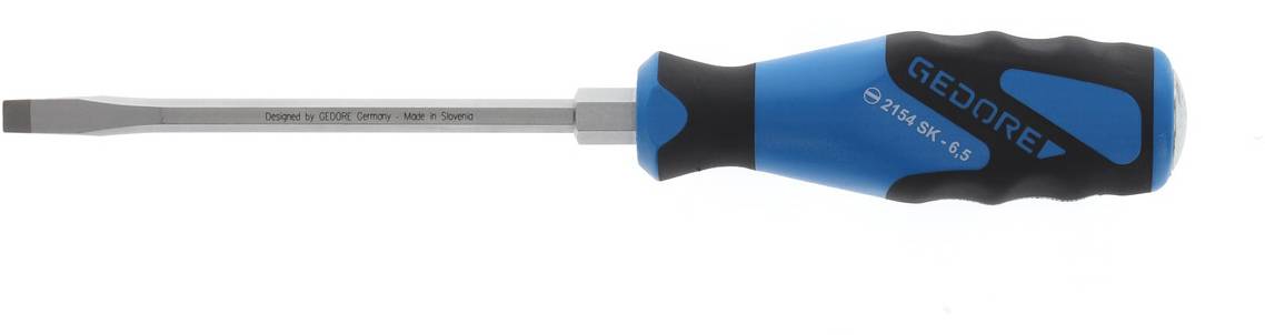 Schroevendraaier met blauw-zwarte handgreep en platte metalen punt. Markering 'GEDORE' en modelnummer '674416, 0.8x4.5'.