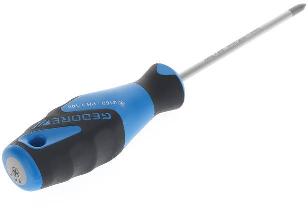 Een kruiskopschroevendraaier met een blauw-zwarte ergonomische handgreep, liggend onder een hoek. Merknaam Gedoré zichtbaar op de handgreep.