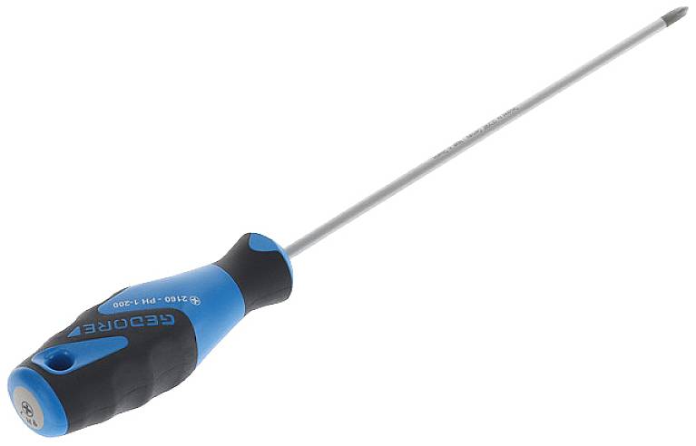 Een blauwe en zwarte schroevendraaier met een ergonomische handgreep en een lange metalen punt ligt schuin op een lichte achtergrond.