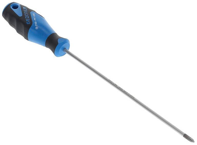 Een blauwe en zwarte schroevendraaier met een ergonomische handgreep en een lange smalle metalen punt.