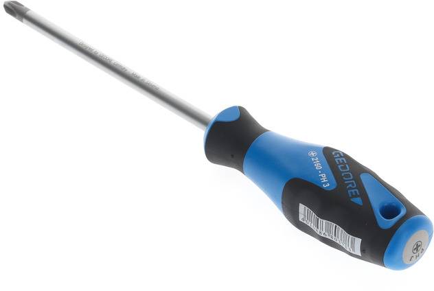 Kruiskopschroevendraaier met blauw-zwarte handgreep, liggend.