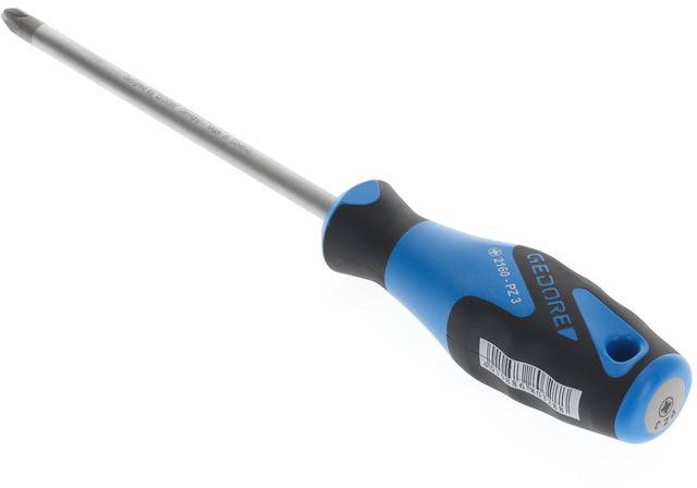 Een blauwe en zwarte kruiskopschroevendraaier met ergonomische handgreep, merkopdruk en streepjescode op de handgreep.