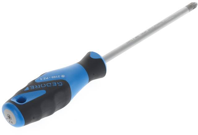Kruiskopschroevendraaier met zwarte en blauwe handgreep, geschikt voor werkzaamheden aan schroeven met kruisvormige aandrijving.