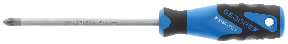 Kruiskopschroevendraaier met blauw-zwarte handgreep en metalen lemmet; merk zichtbaar op de handgreep.