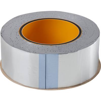 Een rol zilver plakband met een gele kern, liggend op een houten ondergrond.