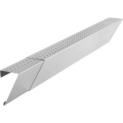 Zilveren metalen haak met gaten, gebruikt voor het bevestigen of stabiliseren van constructies. Ideaal voor dragende toepassingen.