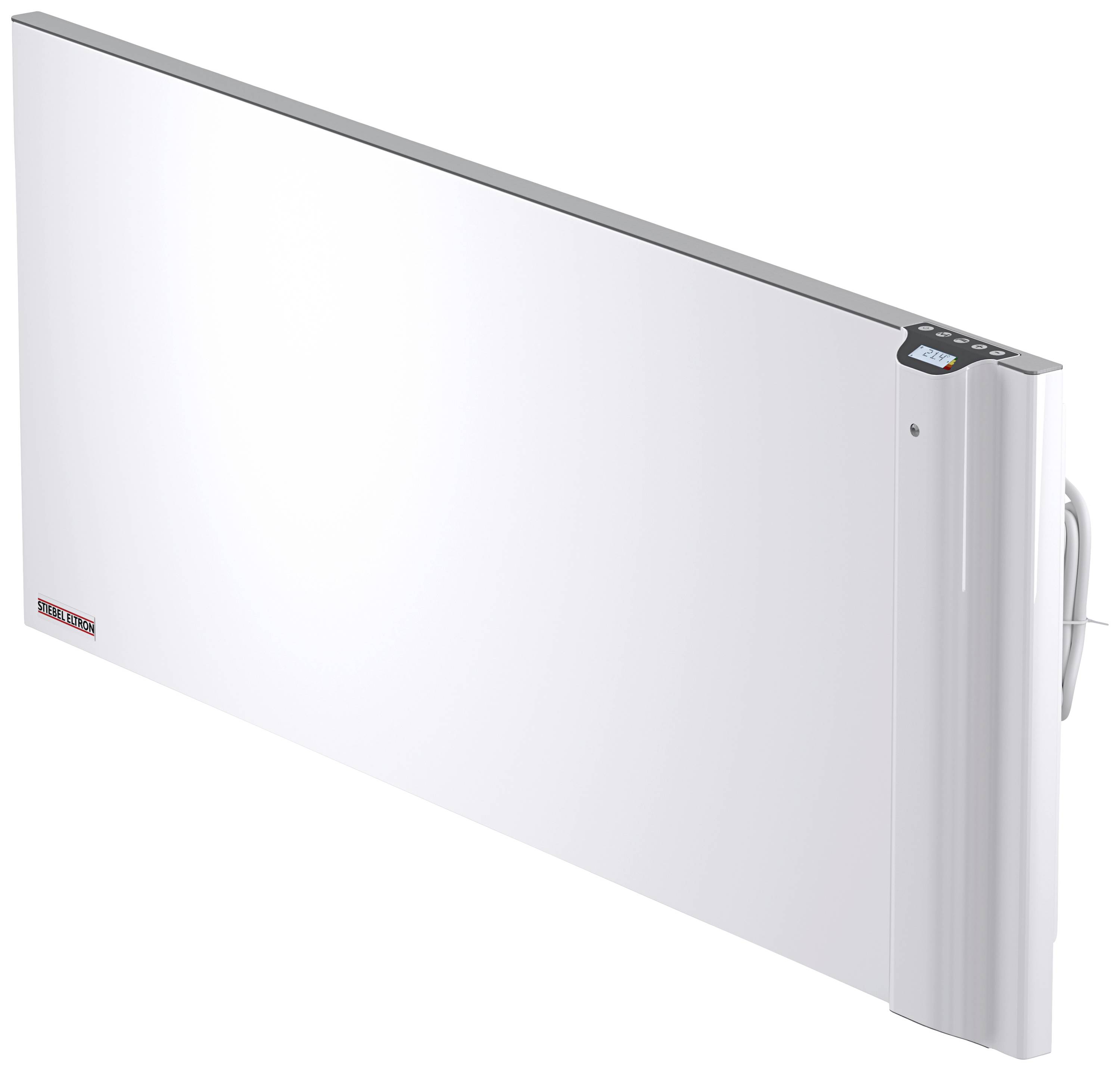 Platte, witte elektrische radiator met bedieningsdisplay aan de zijkant. Ideaal voor ruimteverwarming. Minimalistisch design.