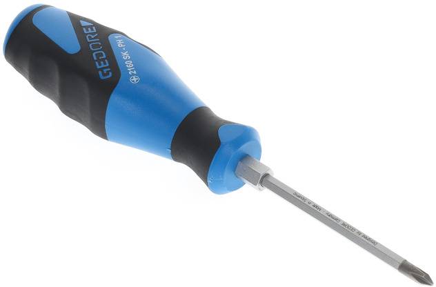 Een blauwe en zwarte schroevendraaier met markering 'GEDORE'. De handgreep is ergonomisch gevormd, de steel is recht.
