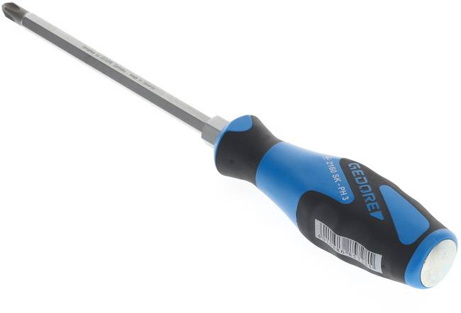 Een blauwe kruiskopschroevendraaier van Gedore, liggend, met een zwarte, ergonomische handgreep en zilveren lemmet.
