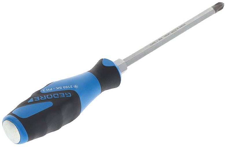 Een blauwe schroevendraaier met een zwarte ergonomische handgreep, geschikt voor kruiskopschroeven.