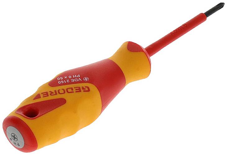 Een rode en gele schroevendraaier van GEDORE met kruiskoplem, ergonomische handgreep en modelnummer opgedrukt.
