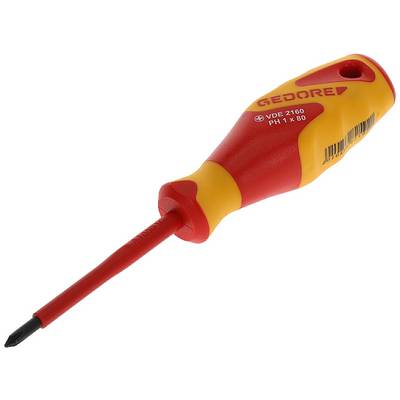 Een geïsoleerde schroevendraaier met een rode handgreep en gele behuizing, geschikt voor werkzaamheden aan elektrische installaties.