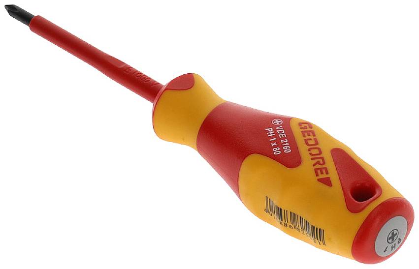 Een rode en gele kruiskop schroevendraaier met geïsoleerde handgreep.