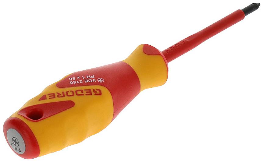 Een geel-rode kruiskopschroevendraaier met ergonomische handgreep, geïsoleerd, geschikt voor werkzaamheden aan elektrische apparaten.