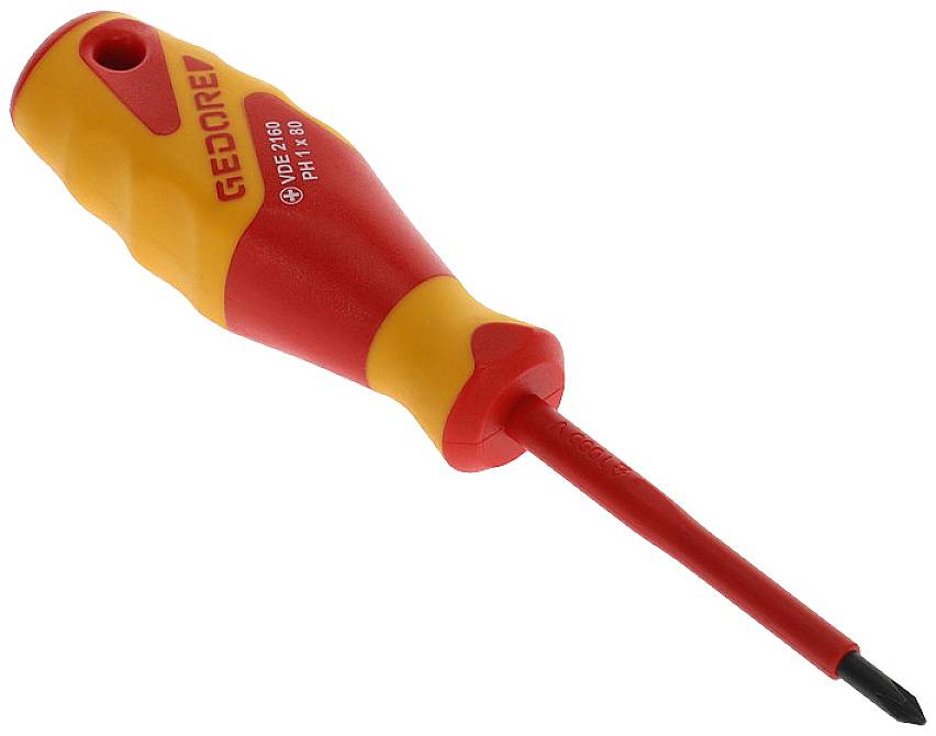Een rode en gele schroevendraaier met een ergonomische handgreep van het merk 'Gedore'. Ideaal voor precisiewerkzaamheden.