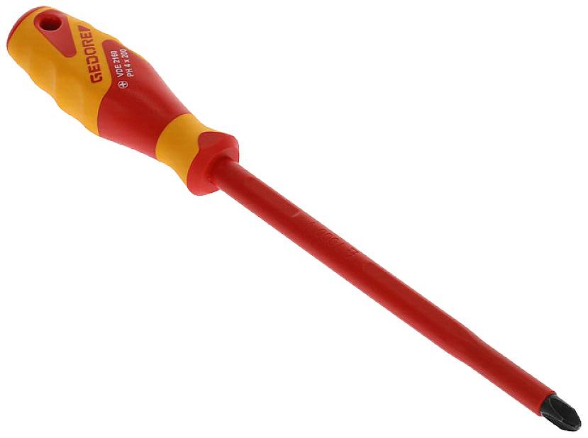 Rode kruiskopschroevendraaier met gele handgreep en isolatie, geschikt voor elektrische werkzaamheden.