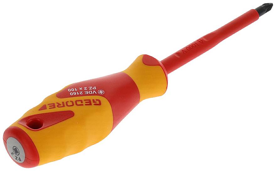 Geïsoleerde schroevendraaier met rode handgreep en PZ2-punt, geschikt voor elektrische werkzaamheden.