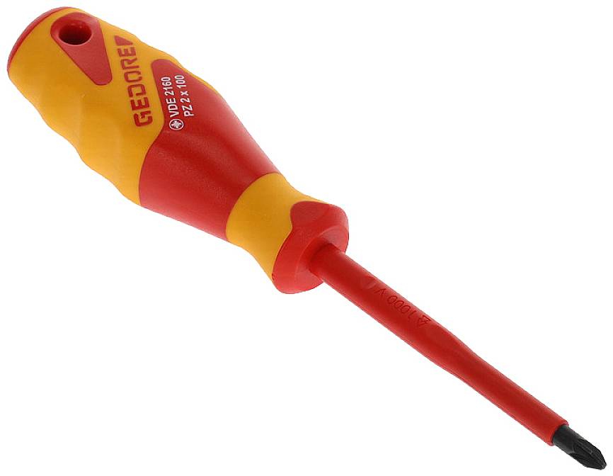 Een rood-gele geïsoleerde schroevendraaier met het opschrift 'GEDORE' op de handgreep, geschikt voor werkzaamheden onder spanning.